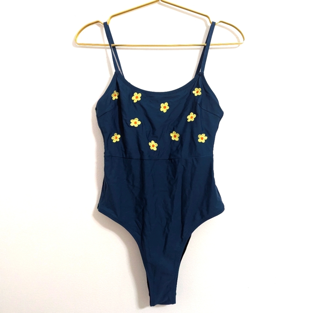 Jade‎ Floral One-Piece Swimsuit w/ Embroidered Yellow Flower Accents